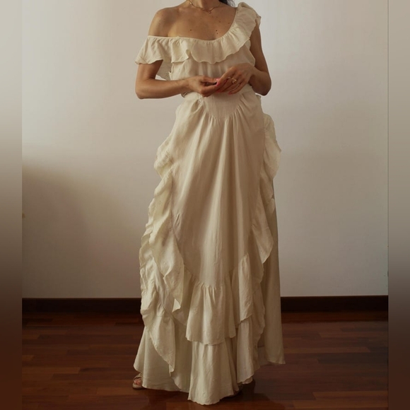 Antique Vintage silk cream ruffled slip dress with floral embroidery 1930s - Picture 8 of 10